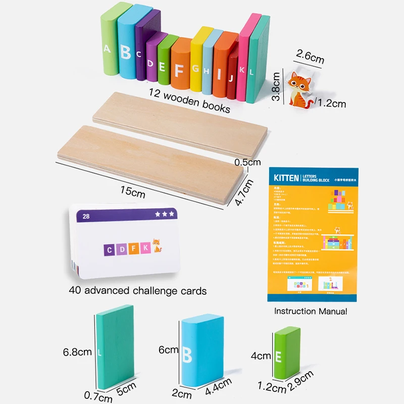 Wooden Kitten Alphabet Building Blocks Fine Motor Skill Game Educational Stacking Blocks Color Shape Sorting Toys for Counting