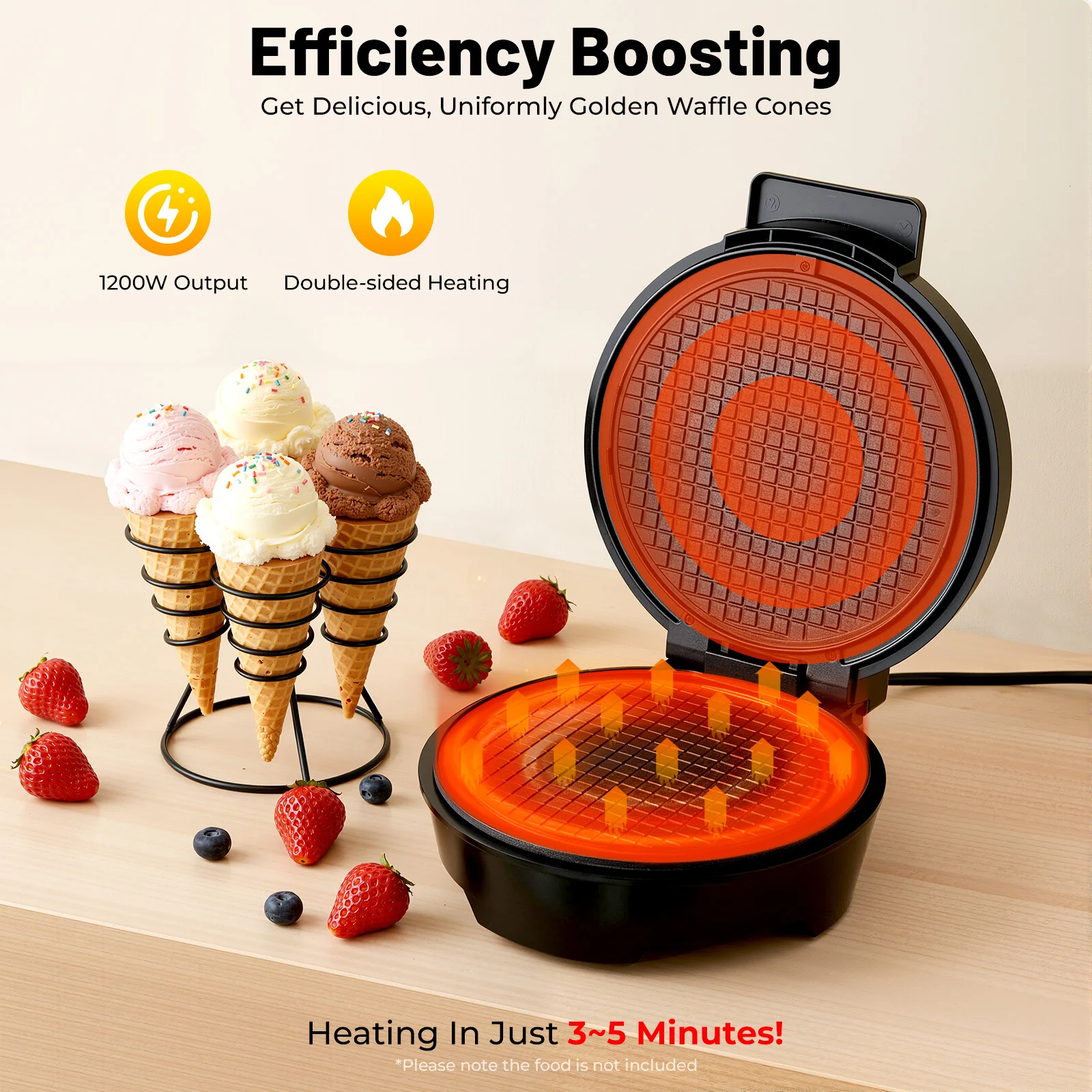 Macchina per Coni Gelato 1200W, Piastra per Waffle a Doppio Lato, 150-200°C ℃ Riscaldamento Rapido Antiaderente per Uso Domestico e Commerciale