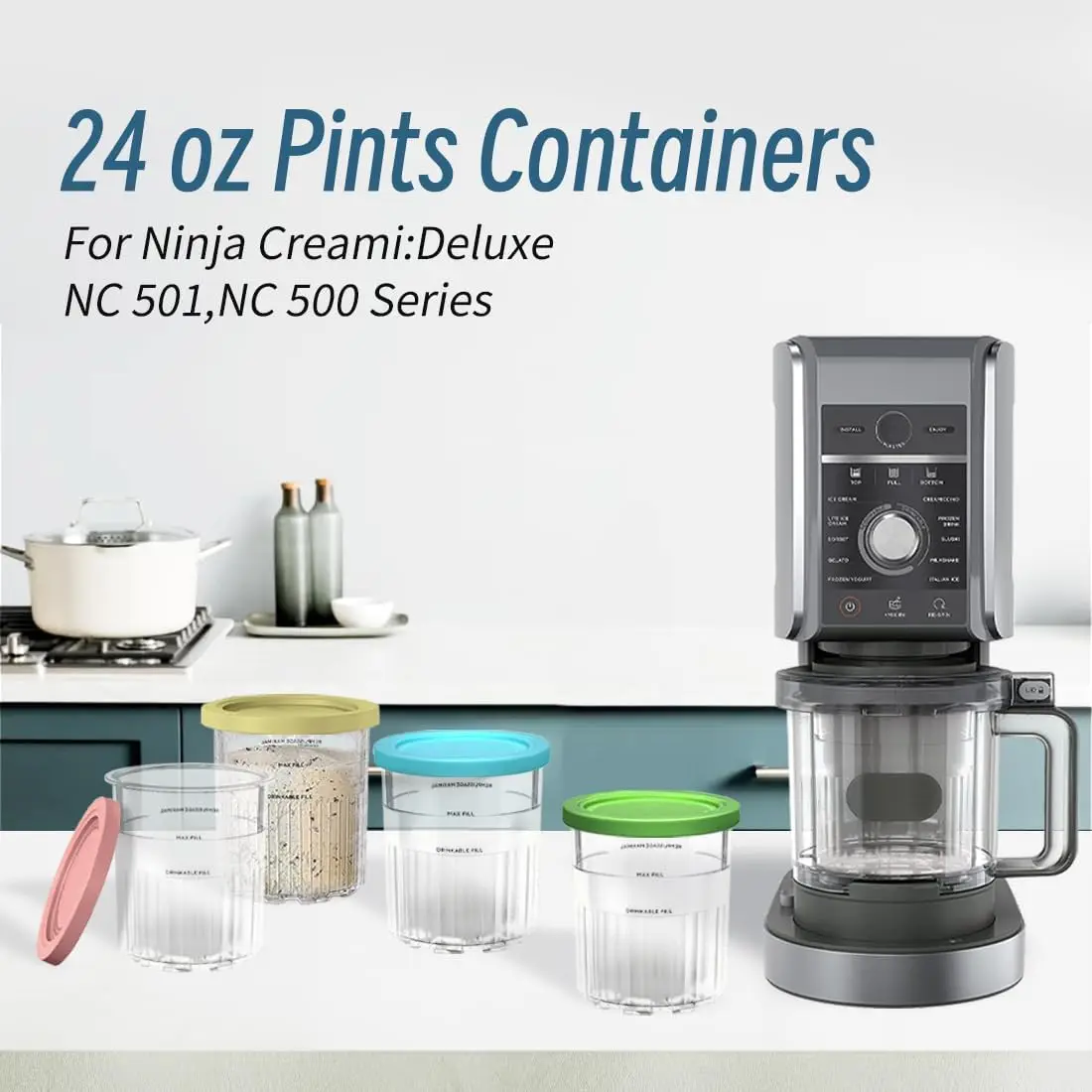 For Ninja Creami Deluxe 11-in-1 XL Family Size NC500/NC501 Pints 4 Pack 24oz Dishwasher Safe BPA-Free Leak Proof Assorted Colors