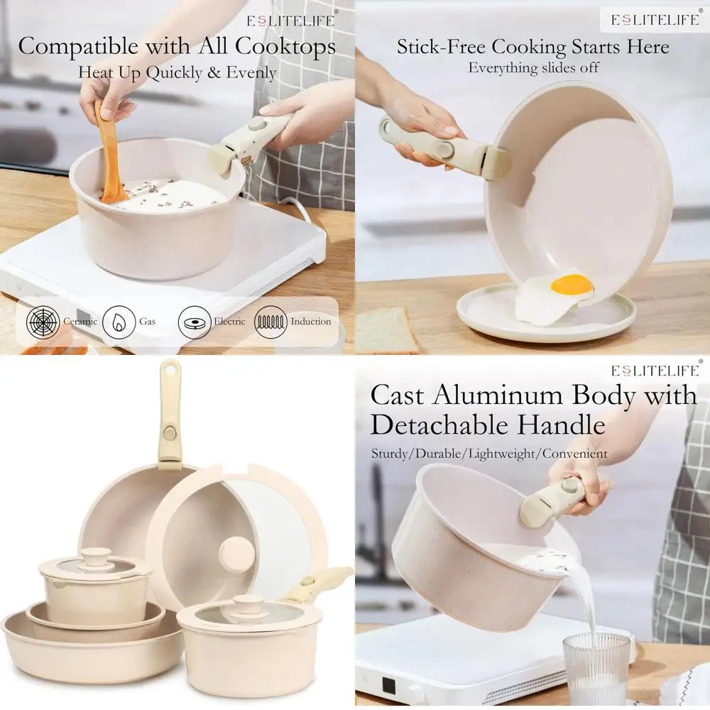 

10-Piece Detachable Handle Nonstick Ceramic Cookware Set, White, Compatible with All Stovetops, PTFE & PFOA Free Kitchenware