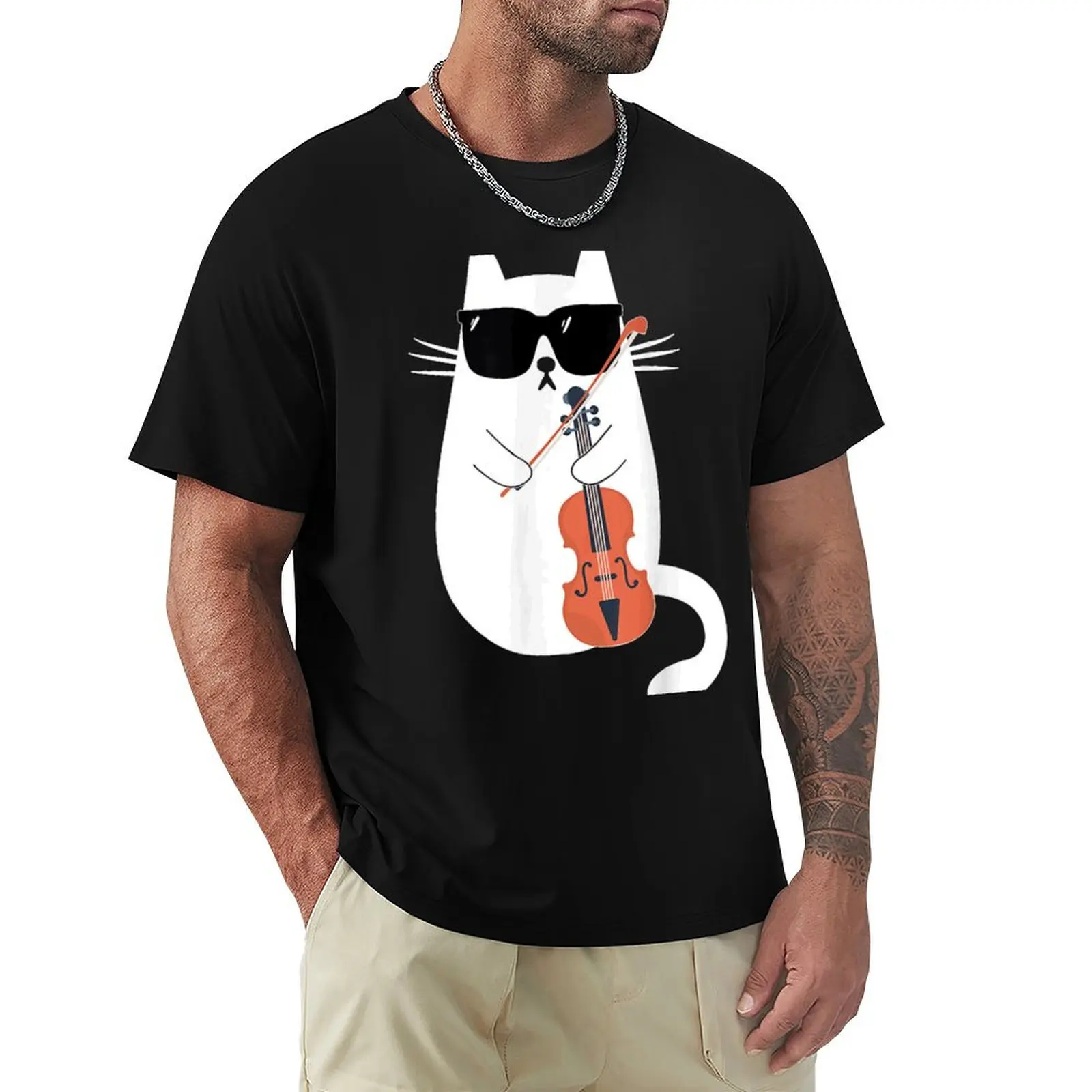 Funny Cat Wearing Sunglasses Playing Violin Viola Musician T-Shirt Halloween Theme T-Shirt
