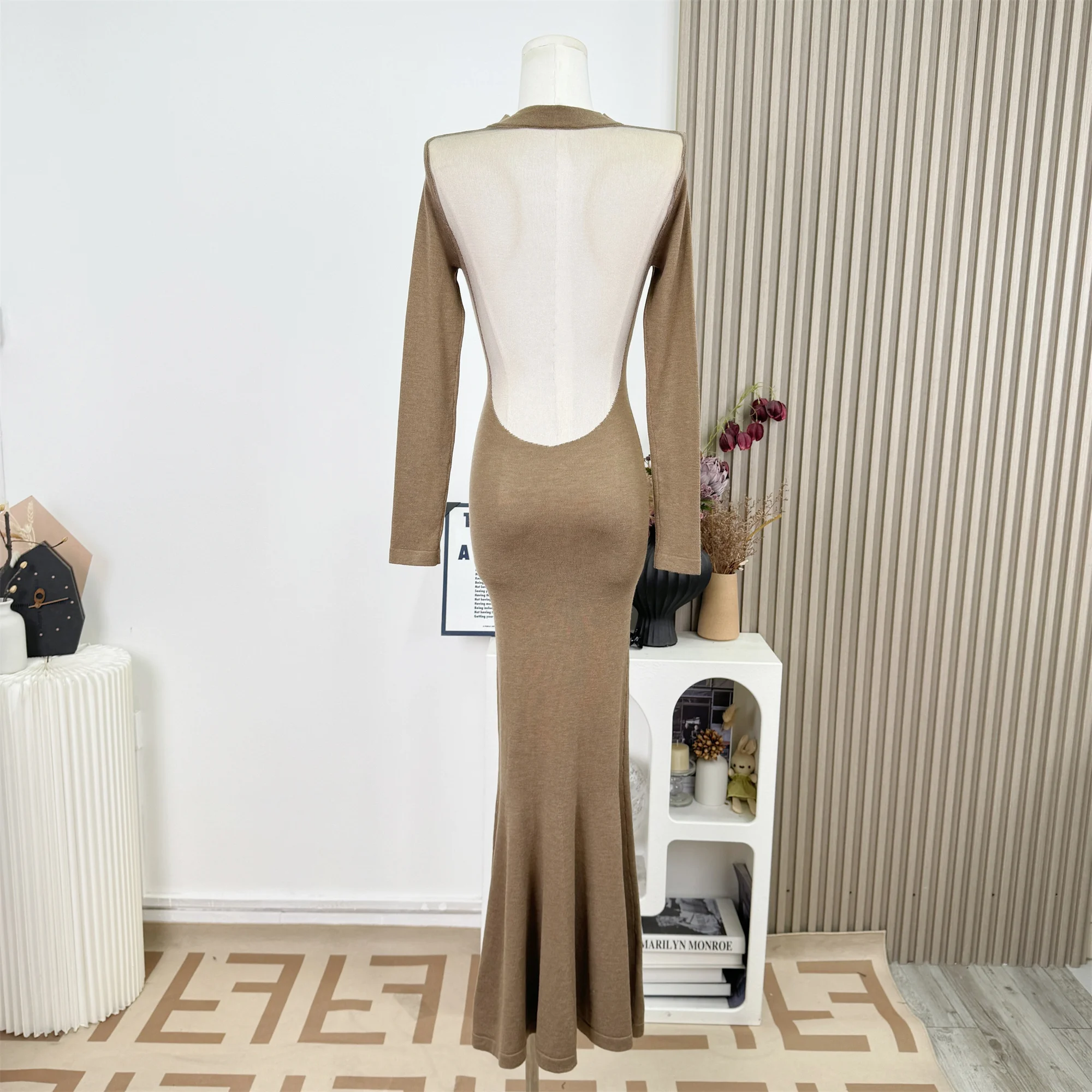 أنيقة مثير شبكة محبوكة فستان طويل المرأة الخريف الشتاء ساحة طوق لصق سليم صالح الذيل تخفيف عارية الذراعين فستان الحفلات F511 #4