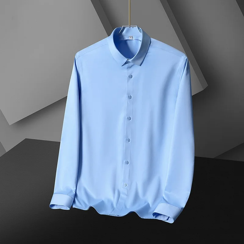 Camisa de manga comprida elástica masculina, Não engomar, Anti-rugas, Cor sólida, Lisa, Branco, Negócios, Casual, Trabalho, Social, Vestido, S-4XL