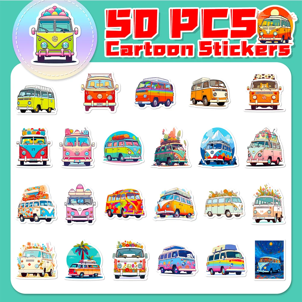 10/30/50PCS Cool Hippie Bus Cartoon Stickers Decoration Decals Waterproof DIY Phone Stationery Cute Graffiti Sticker Kids Toys