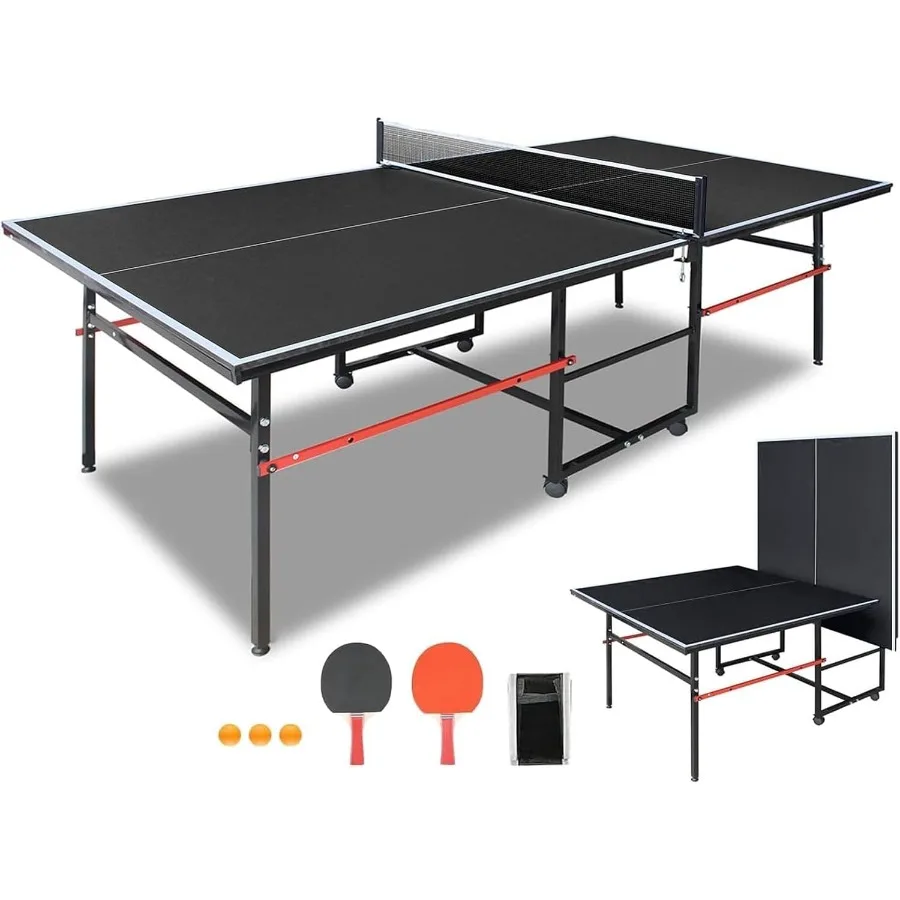 

Складной настольный теннис для помещений, 8 футов, 9 футов, с сеткой и стойкой, режим воспроизведения для одного игрока, 2 весла, 3 мяча, черный и красный Ga