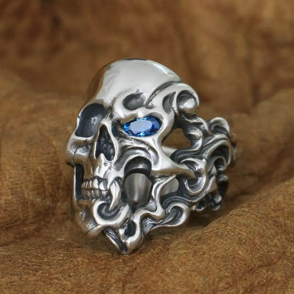 CZ Eyes 925 Sterling Silver Fire Skull Ring Punk Jewelry TA282 US Size 7~15 BZ
