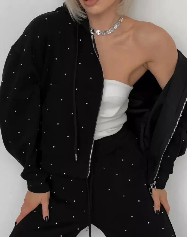 Women Rhinestone Tracksuit 2 Piece Set Fall Winter Hooded Zip Up Sweatshirt Jacket Wide Leg Pants Casual Sparkly Diamond Hoodie