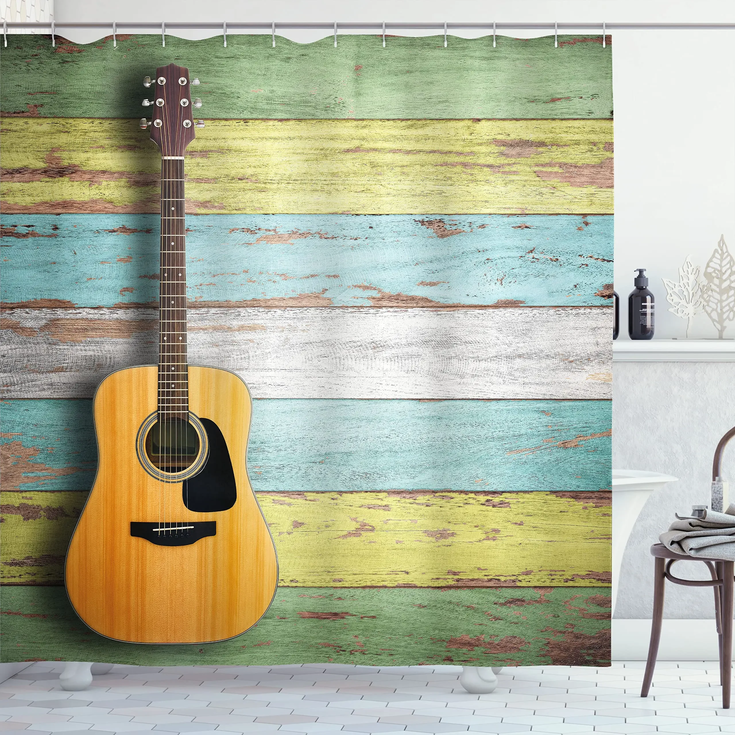 Guitar Printed Shower Curtain Painted Planks Country Design Bathroom Waterproof Fabric Bathtub Screen Decoration with Hooks