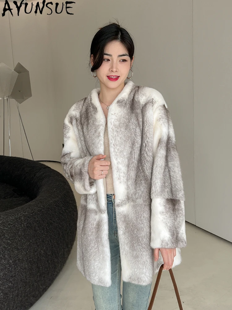 AYUNSUE 천연 벨벳 밍크 모피 코트 여성 럭셔리 중간 길이 겨울 리얼 모피 자켓 여성 의류 전체 밍크 Шуба Женская