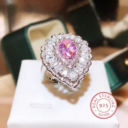 925 Sterling Silver Gorgeous Temperament Pink Water Drop Full Diamond Zircon Ring Luxury Wedding Banquet Party Ladies Jewelry