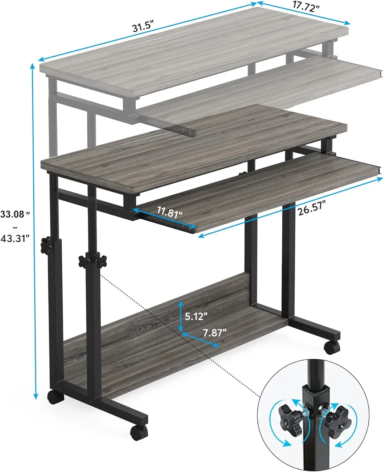 Portable Desk for Sofa and Bed, Height Adjustable Mobile Laptop Table Small Standing Desk Rolling Computer Cart