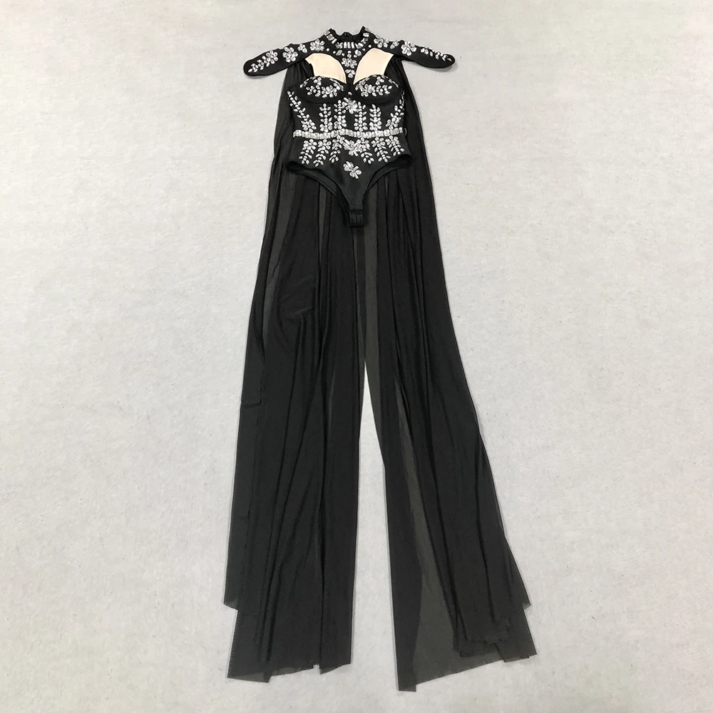 Fashion Design Luxury Diamonds Long Orthopedic Shawl Sleeveless Black Jumpsuit Woman Club Party Dress Stage Performance Costume