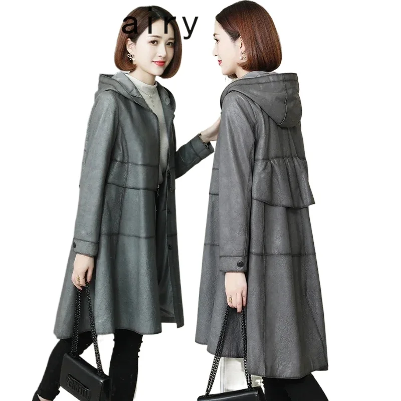 2024 Echt Leren Jas Dames Trenchcoats Koreaanse Mode Echte Schapenvacht Leren Jas Elegante Leren Jassen Met Capuchon SGG