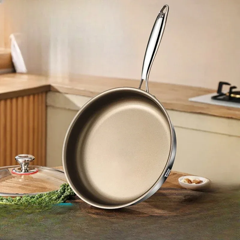 Flat Bottomed Pan with Titanium No Coating Non Stick Household Stir Fry Steak Wok Kitchen Cookware Cooking Pot