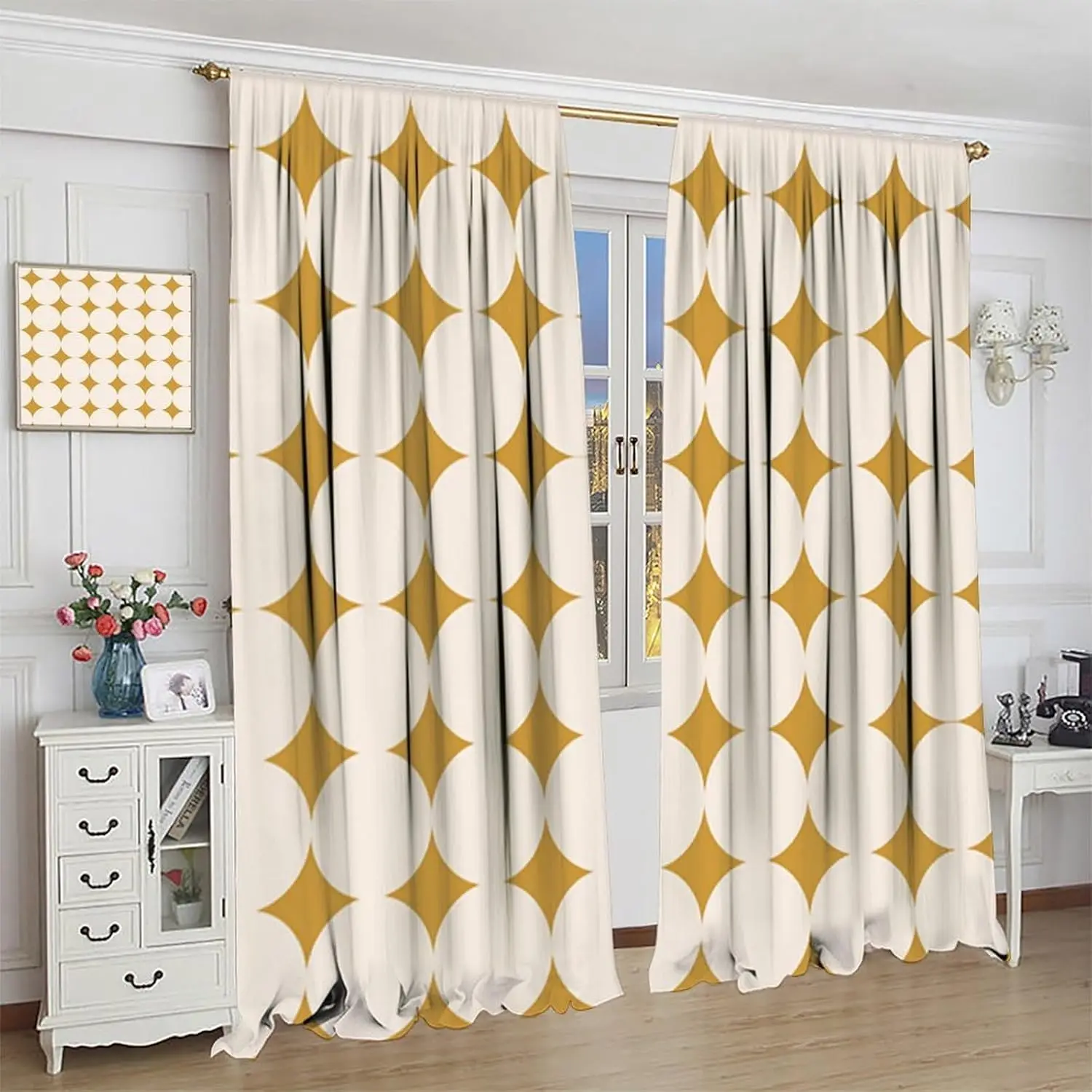 Mid Century Curtain, Yellow Vintage Abstract Boho Window Treatment Modern Geometric Circles Circular Classic Retro 50s Farmhouse