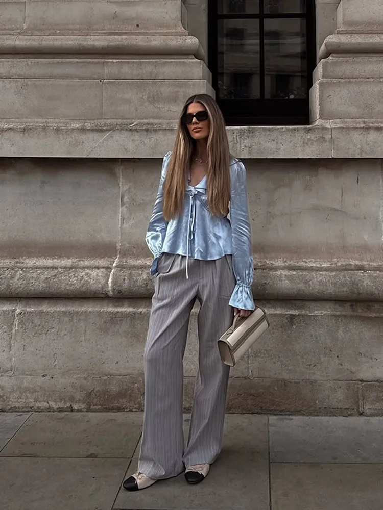Bule Lace Oversized Chiffon Blouse Lapel Collar Women's Casual Long Sleeve Shirt 2025 Autumn High Street Fashion Pullovers