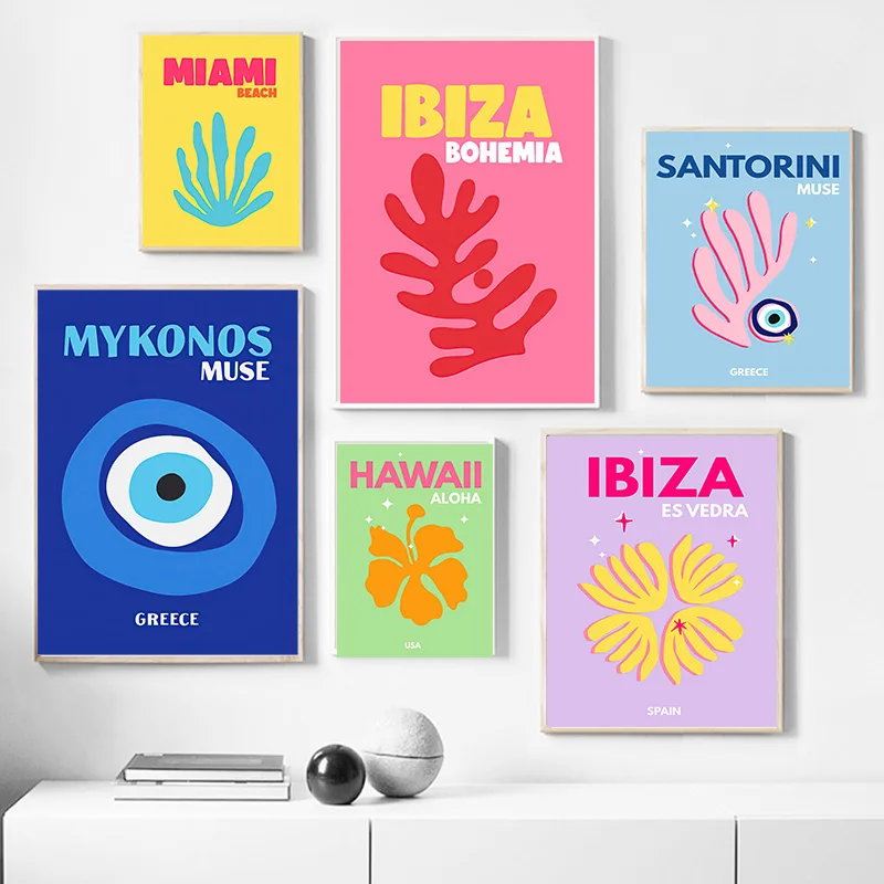 Pósteres de viaje de Color Preppy, Miami Bondi Palms Ibiza Mykonos Capry, impresión artística, lienzo nórdico minimalista, pintura para sala de estar