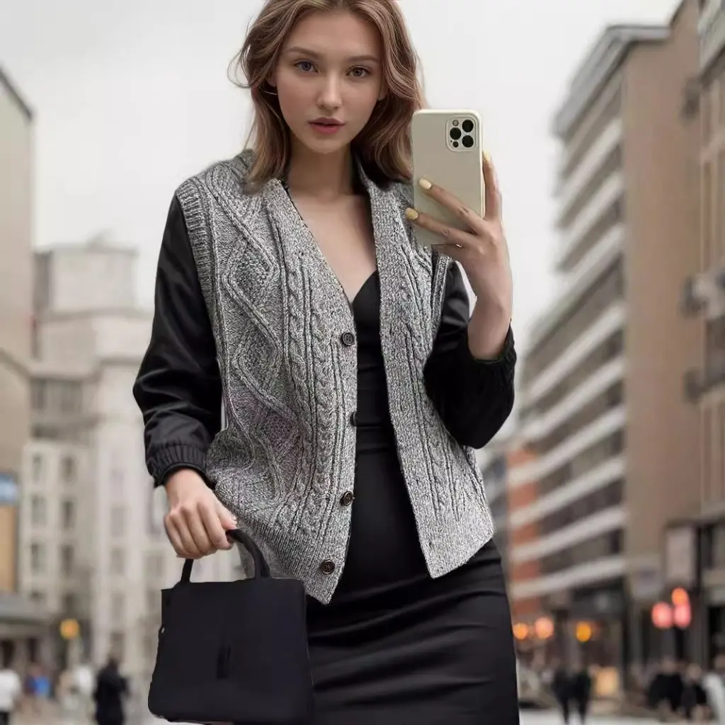 

Women's V-neck Sleeveless Cardigan Knitted Sweater European American Style Autumn Winter Loose Fit Diamond Button Detail