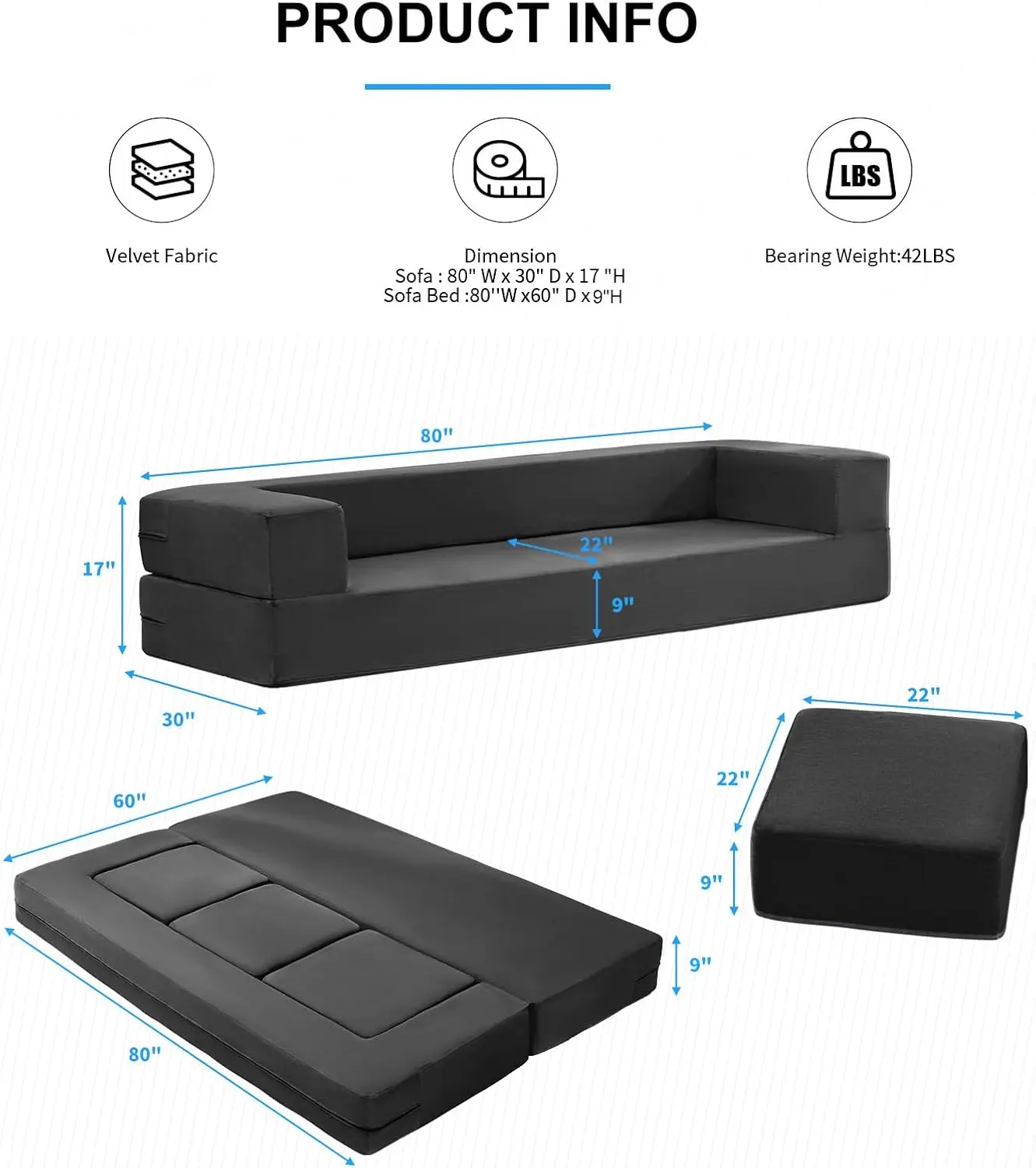 Tempat tidur Sofa lipat, tempat tidur lantai beludru konversi dengan 3 bangku, tempat tidur lipat 2 dalam 1 Lapis kain