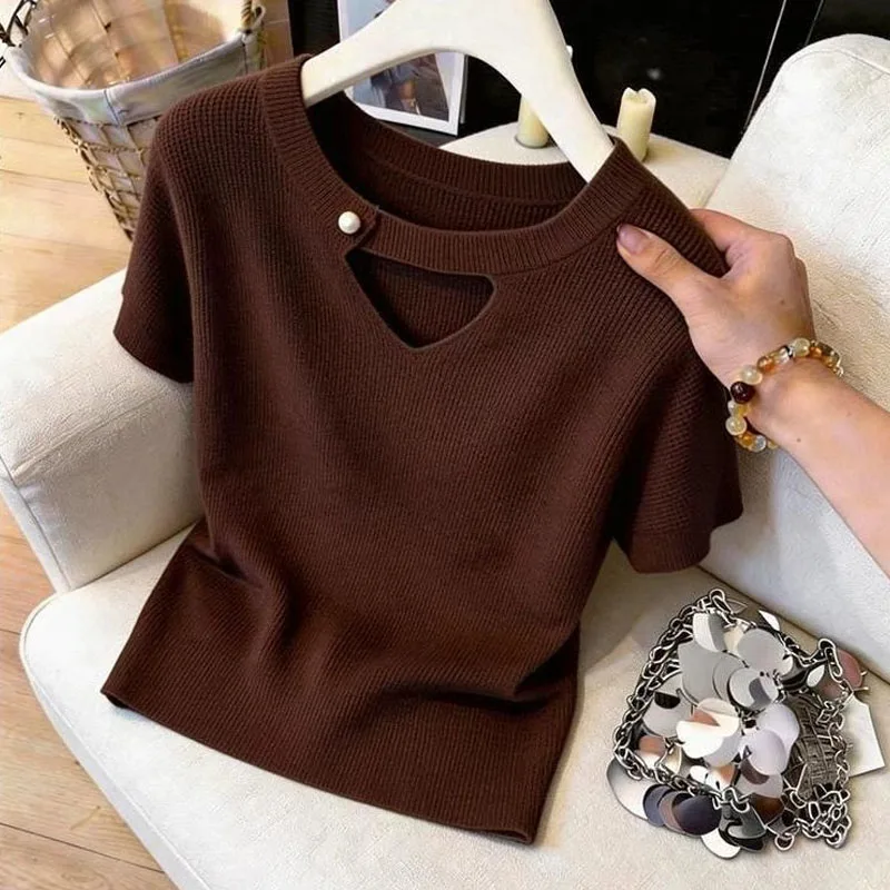 Neuer Sommer Kurzarm Strickpullover Damen Pullover O-Ausschnitt Ausgehöhlter Strickpullover Damen Oberteile Damenkleidung Q3755