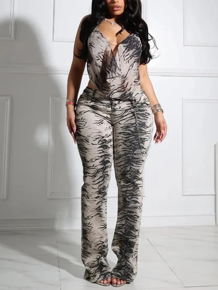 

BKLD Women Clothing New Style Halter Neck Backless Sexy Mesh Zebra Striped Printed Crop Tops And Pants Set Two Piece Outfits