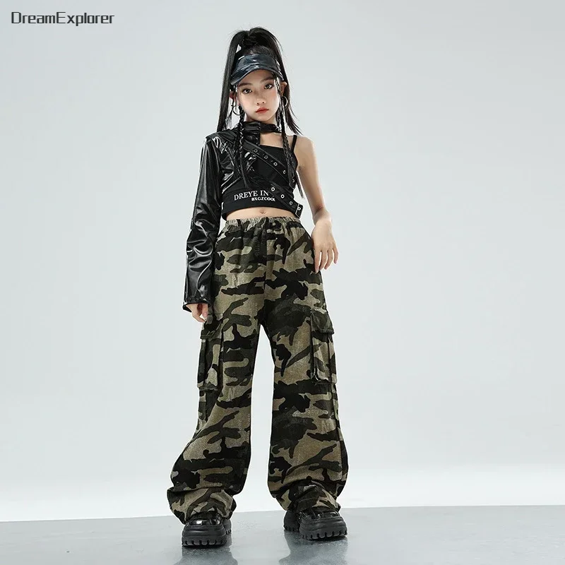 Girls Hip Hop Crop Top Cuff Camouflage Cargo Pants Clothes Sets Child PU Leather Street Dance Joggers  Kids Streetwear Costumes