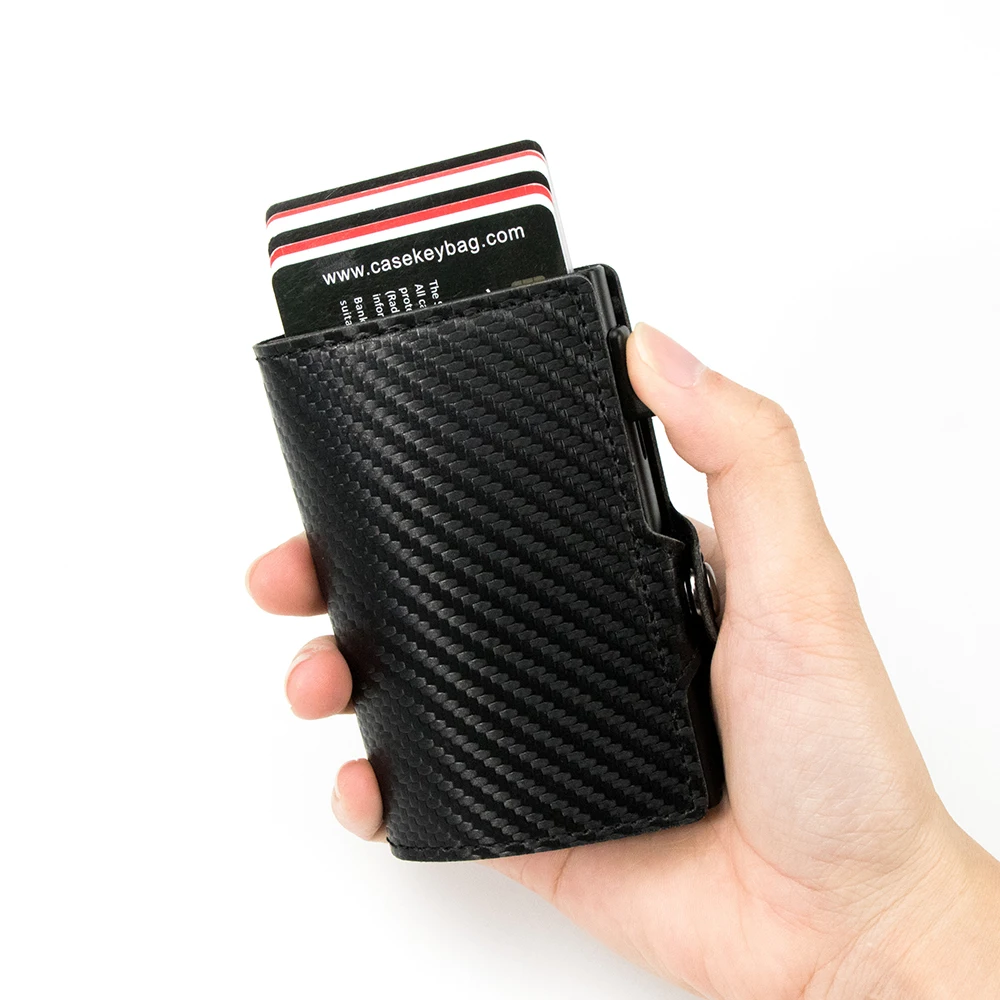 CASEKEY New Men Wallet Anti Rfid Carbon Fiber Leather Pop Up Card Holder Mini Smart Wallet with Coin Purse Billetera Hombre