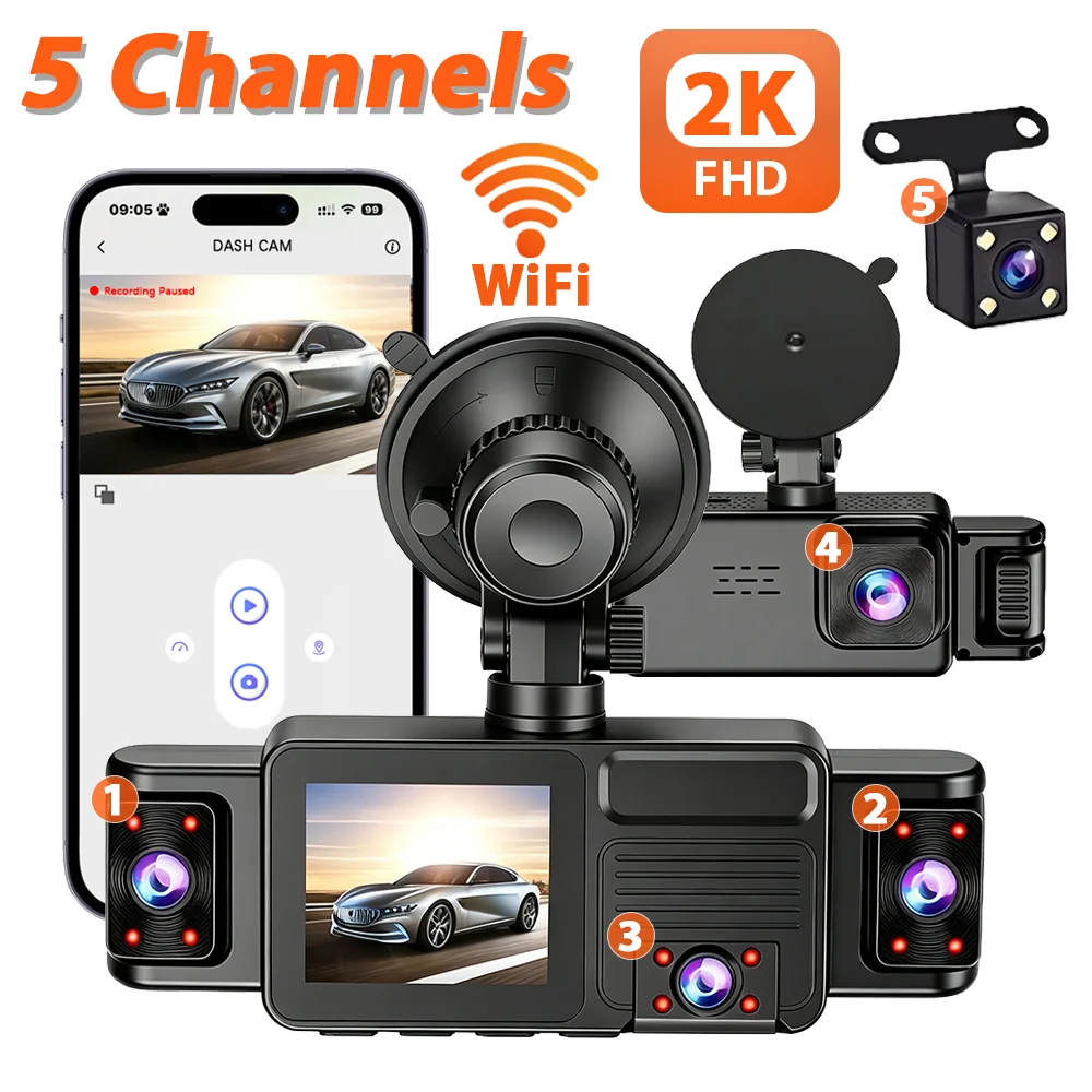 5チャンネル車載カメラ360 °   パノラマ録画 2K HD WiFi 車載DVR 24時間駐車監視 ナイトビジョン Gセンサー ループ録画