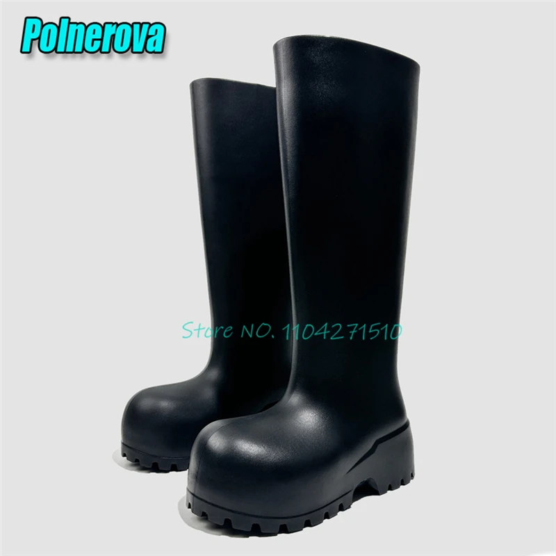 

Fashion Thick Soled Knee High Boots for Women Black Leather Chunky Platform 7CM High Heel Rain Boots Autumn Winter Women's Shoes