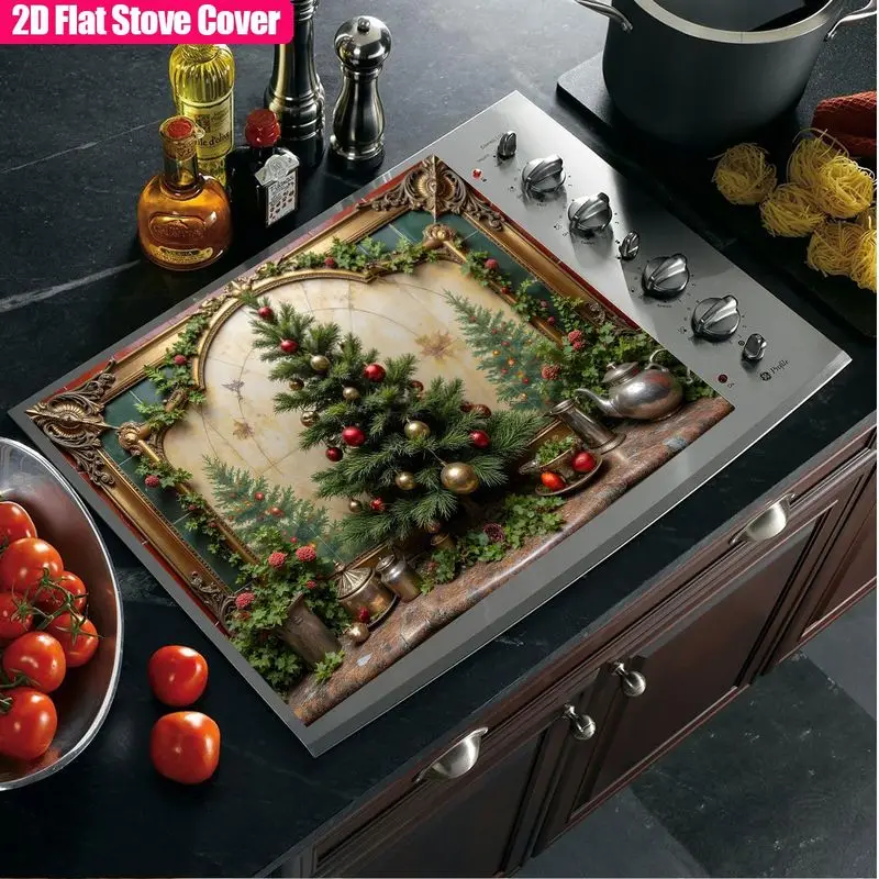 VIKAMA Vintage Christmas Tree Stove Cover Mat Frame Print Heat Resistant Cooktop Cover For Kitchen Dining Room Festive Decor
