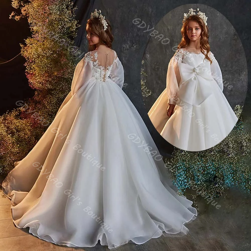 

Customized Girls First Holy Communion Dress Sheer Neck Balloon Sleeve Wedding Flower Girl Dress Chest Bow Kids Party Ball Gown