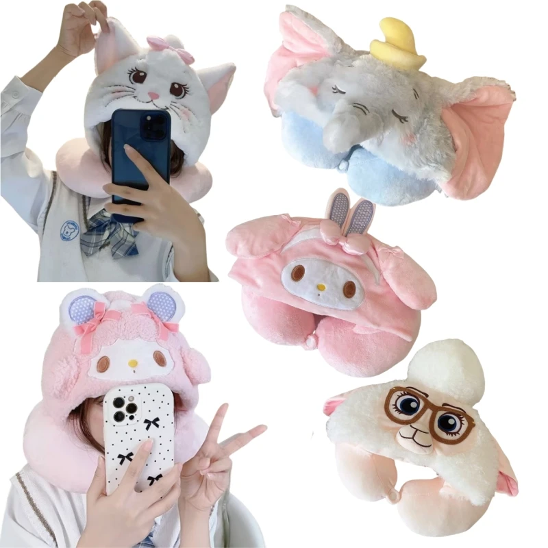 Cartoon My Melody Dumbo Marie Cat U-shaped Hooded Pillow Kawaii Japanese Style Travel Pillow Office Sweet Nap Pillow Girl