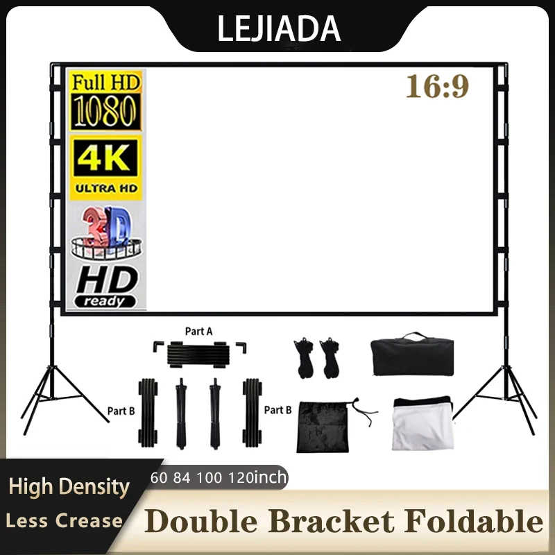 

LEJIADA Projector Screen With Stand Foldable Soft White Less-Creases Screen 60 84 100 120in With Carry Bag Double Tripod Outdoor