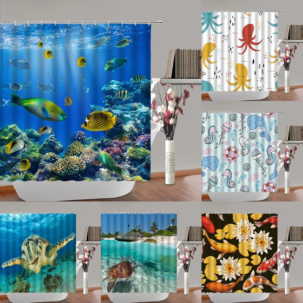 

Tropical Fish Fabric Shower Curtain Blue Ocean Marine Underwater World Animal Turtle Octopus Coral Bath Curtains Home With Hooks