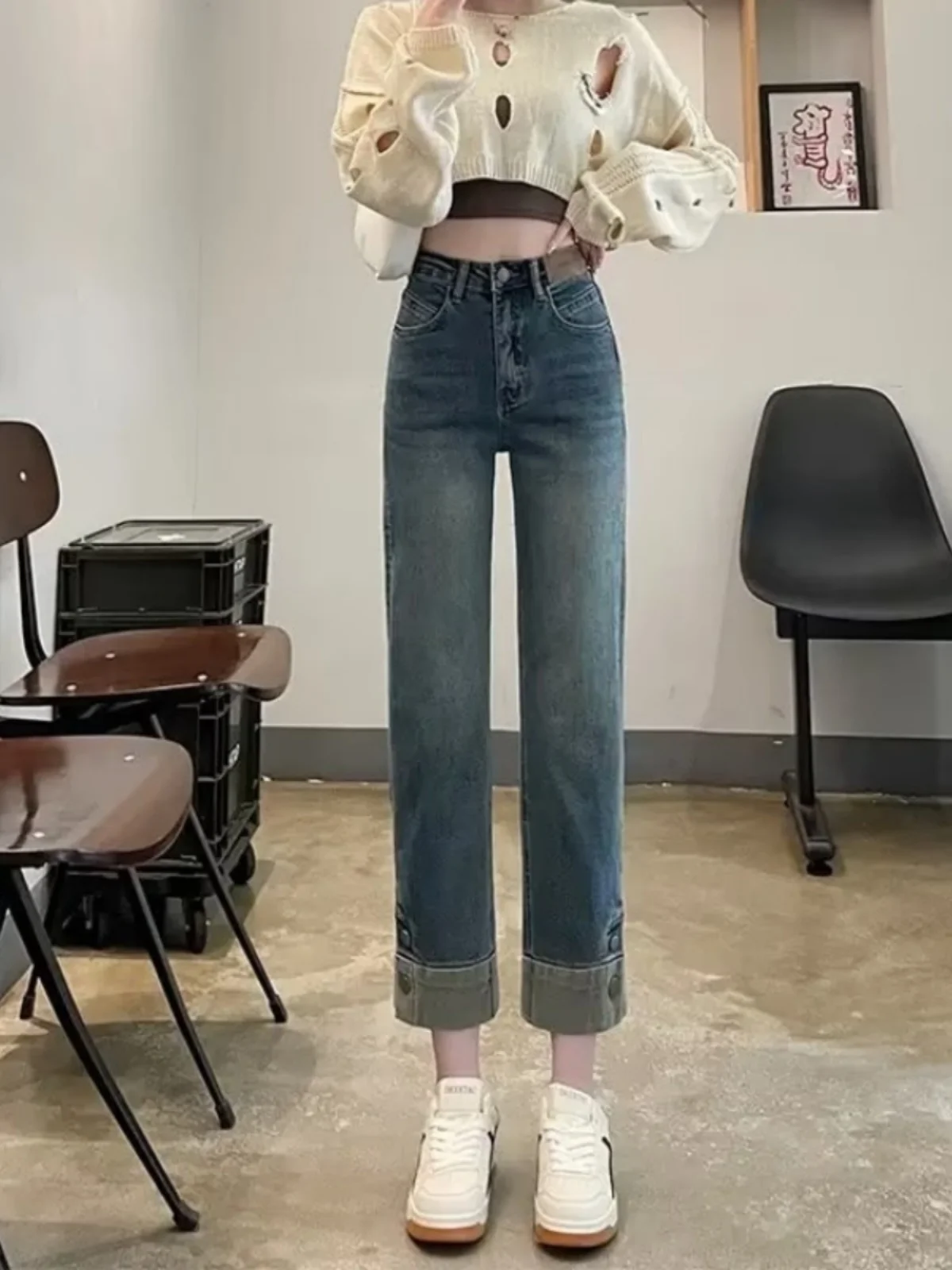 

Прямые джинсовые джинсы с высокой талией, женские брюки-трубы в стиле ретро, эластичные брюки Academy Sle, весна-осень, утягивающие девять точек