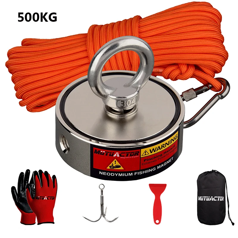 500kg Strong Neodymium Round Magnet Set with 20m Rope Claw 250kg*2 Outdoor Fishing Doulbe Sided Combined Metal Detecting