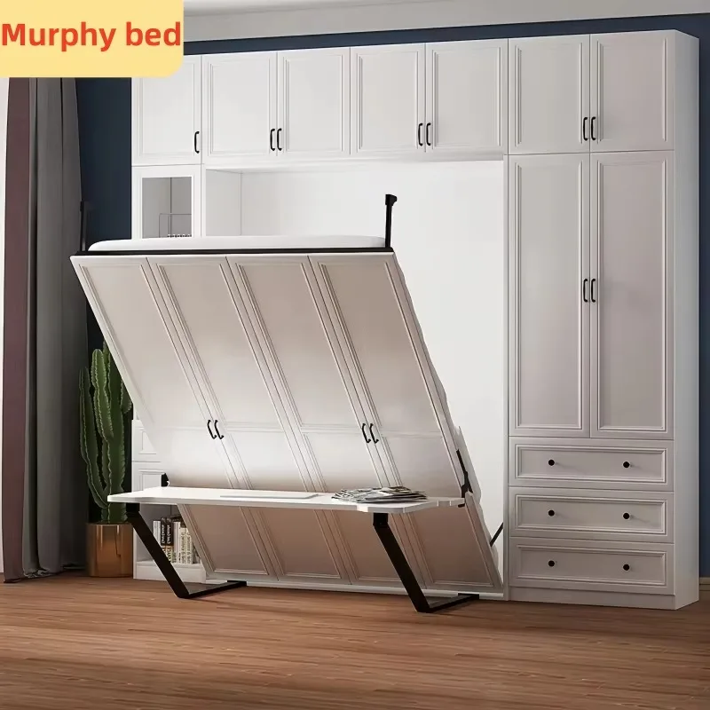Modern European Style Integrated Foldable Wall Bed With Invisible Desk Simple Panel Bookcase Flip Folding Murphy Bed