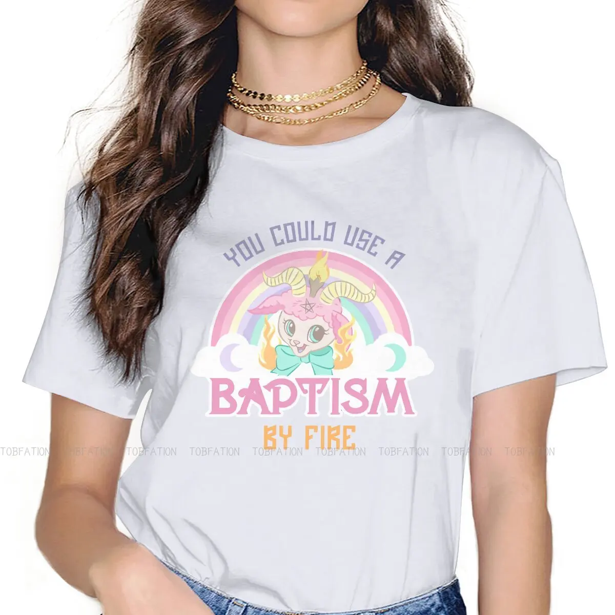 Baptism By Fire Women's TShirt Baphomet Art Girls Basic Tops O-neck Female T Shirt 5XL Funny Hipster Gift