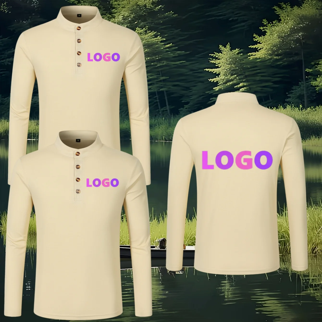 2-Piece Set Custom Printed Men's Henley Long-Sleeve T-Shirt Half-Placket Stand Collar Polo Group Workwear Casual Top