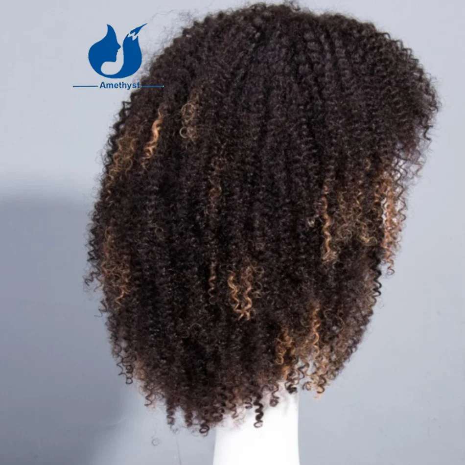 Peluca de cabello humano rizado con reflejos de amatista con flequillo para mujer, peluca completa hecha a máquina, cabello Remy rizado Afro brasileño, parte superior del cuero cabelludo