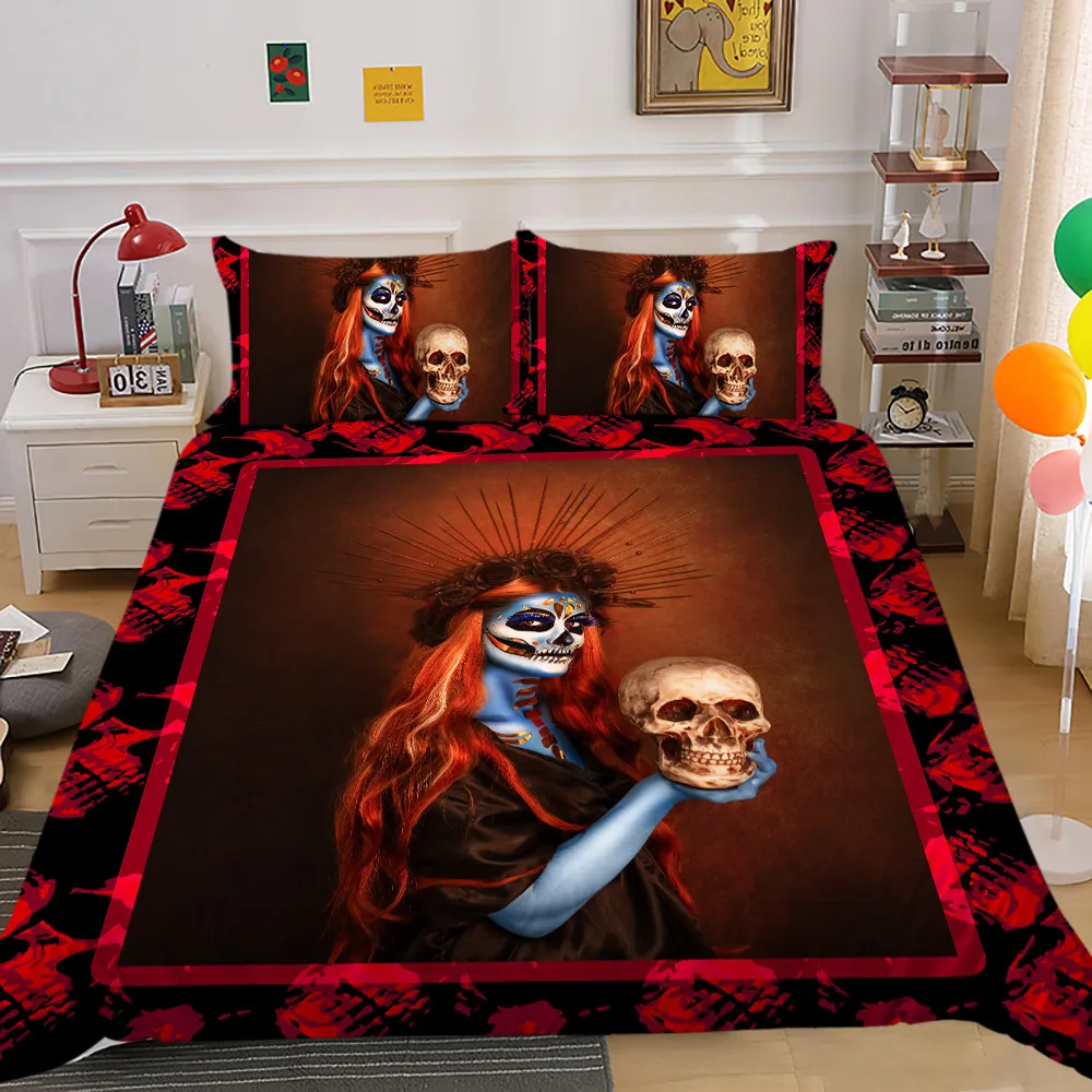 

Sugar Skull Duvet Cover with Pillowcase Horror Cranium King Size Polyester Quilt Cover for Kids Adults Home Decor Festival Gifts