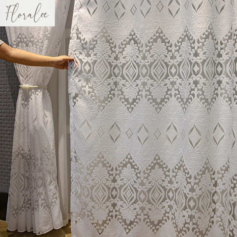 Luxury European High-End Hollow Jacquard Yarn Thickened Semi-Sheer Curtains for Living Room Bedroom Thermal Insulation Custom