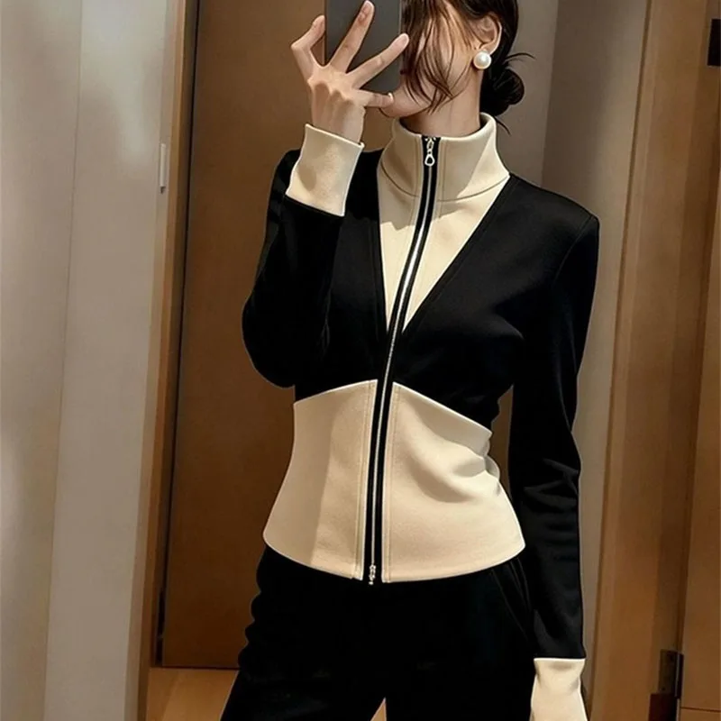 2026 봄 가을 신상 여성 재킷 상의 아름다운 기품 슬림 컬러 대비 캐주얼 후드 스포츠웨어 코트