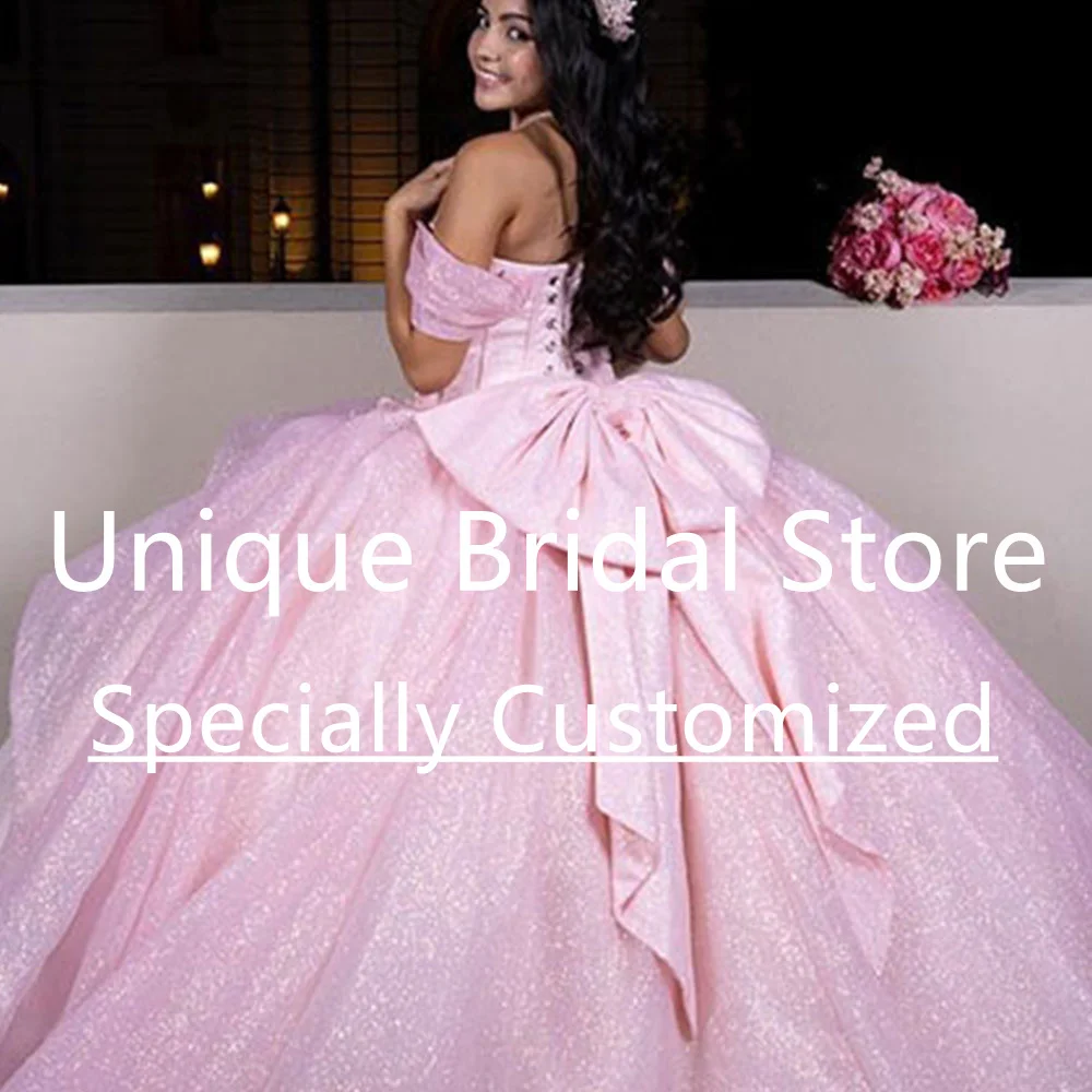 Vestido de fiesta de princesa rosa, traje de quinceañera elegante con hombros descubiertos, escote Corazón, lazo dulce, 15 ° cumpleaños