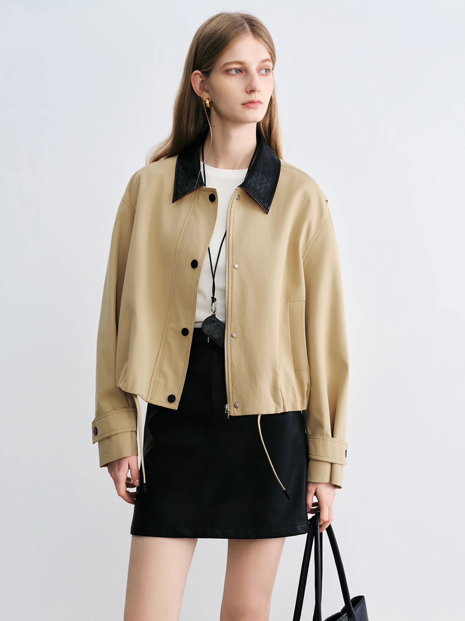 ZIQIAO Otoño 2025 Chaqueta corta estilo granja vintage para mujer - Top informal de otoño con cuello texturizado y corte recortado para oficina