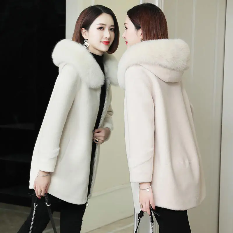 Woman Natural Real Solid Fox Fur Coat Female Winter Jackets Hooded Collar Fashion    Ladies Jacket Outerwear G360