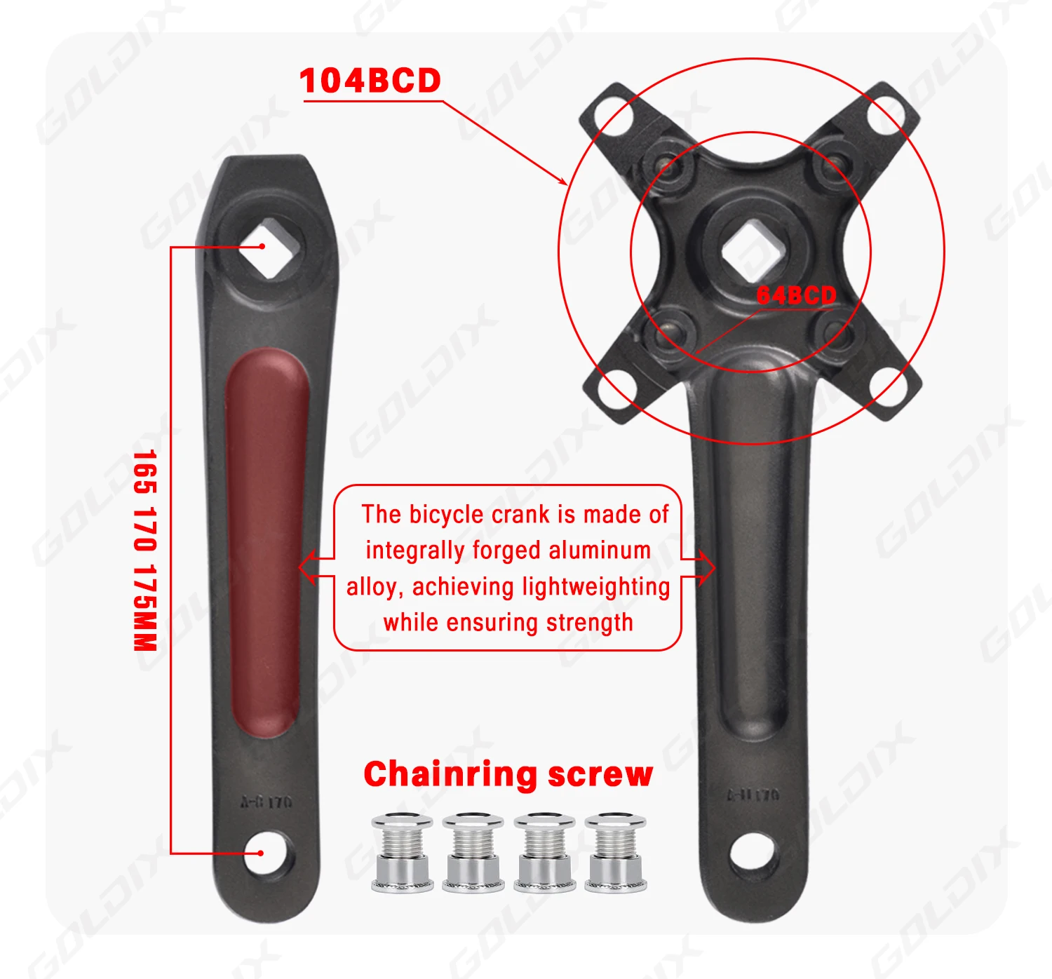 GOLDIX Fahrradkurbelgarnitur mit Vierkantloch, Aluminiumlegierung, MTB-Kurbel, 165/170/175 mm Länge, schmale breite Zähne, 104BCD, 32/34/36/38/40/42T – Detail 5