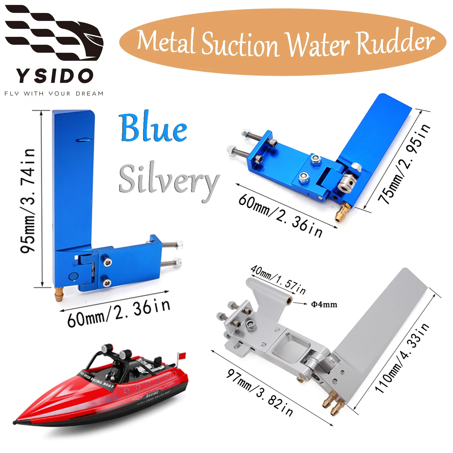YSIDO Metal Suction Water Rudder 75mm/95mm/110mm for Remote Control  Electric / Gas Powered Boat RC Jet Boats Upgrade Patrs