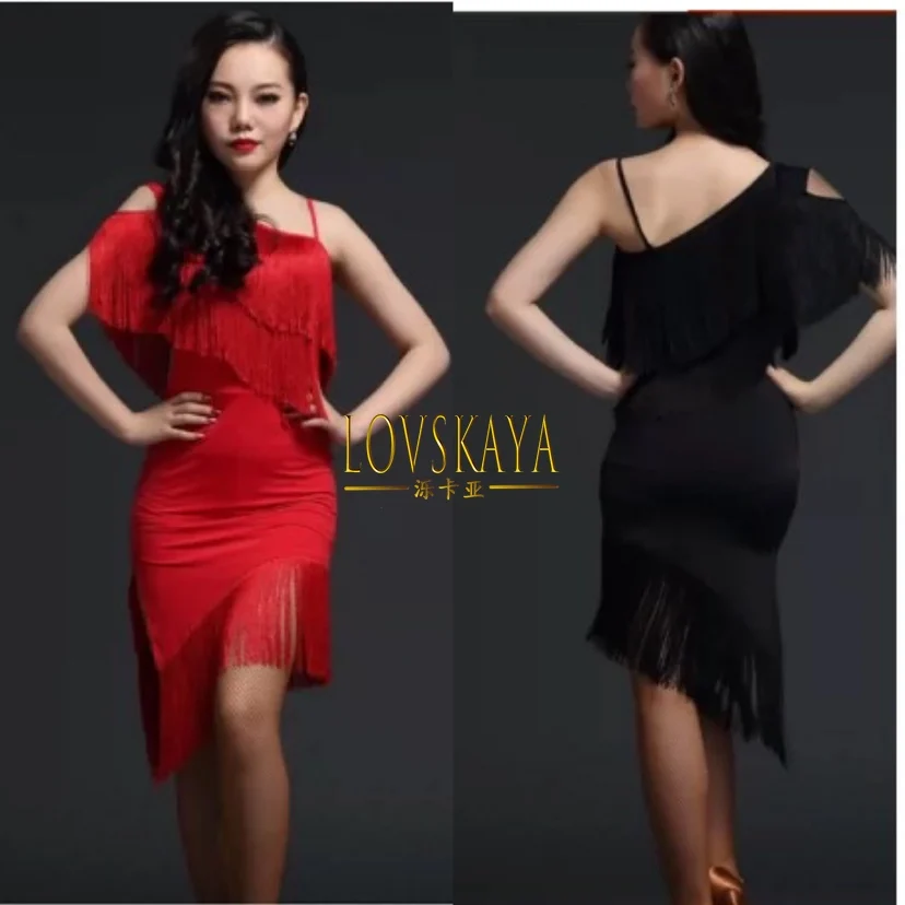 Slanted shoulder new black and red adult dance dress with tassel style rumba practice performance suit for female Latin dance