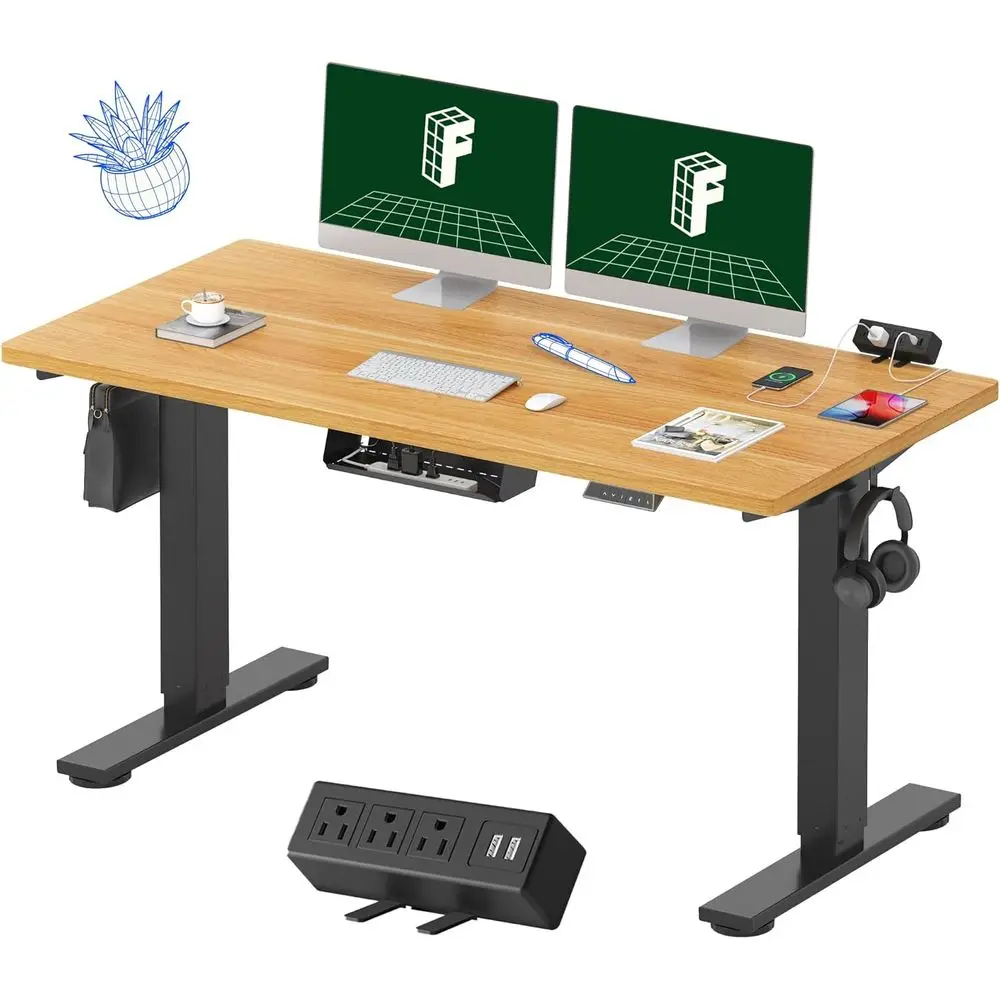 

Electric Height-Adjustable Standing Desk with Clamp Power Strip, 55 x 28 Maple Top, Cable Management (Black)